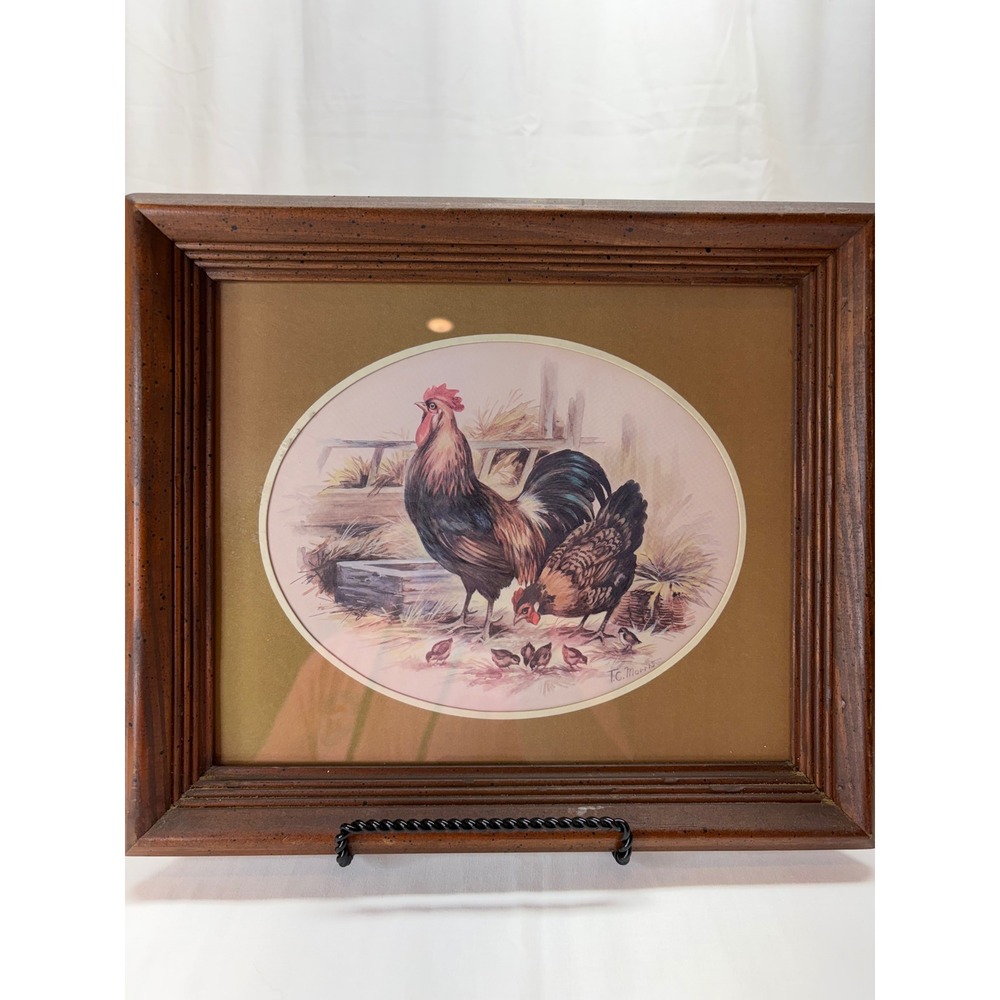 Vintage TC Morris Rooster & Hen Farm Scene Framed Art Print Country Decor 14X12